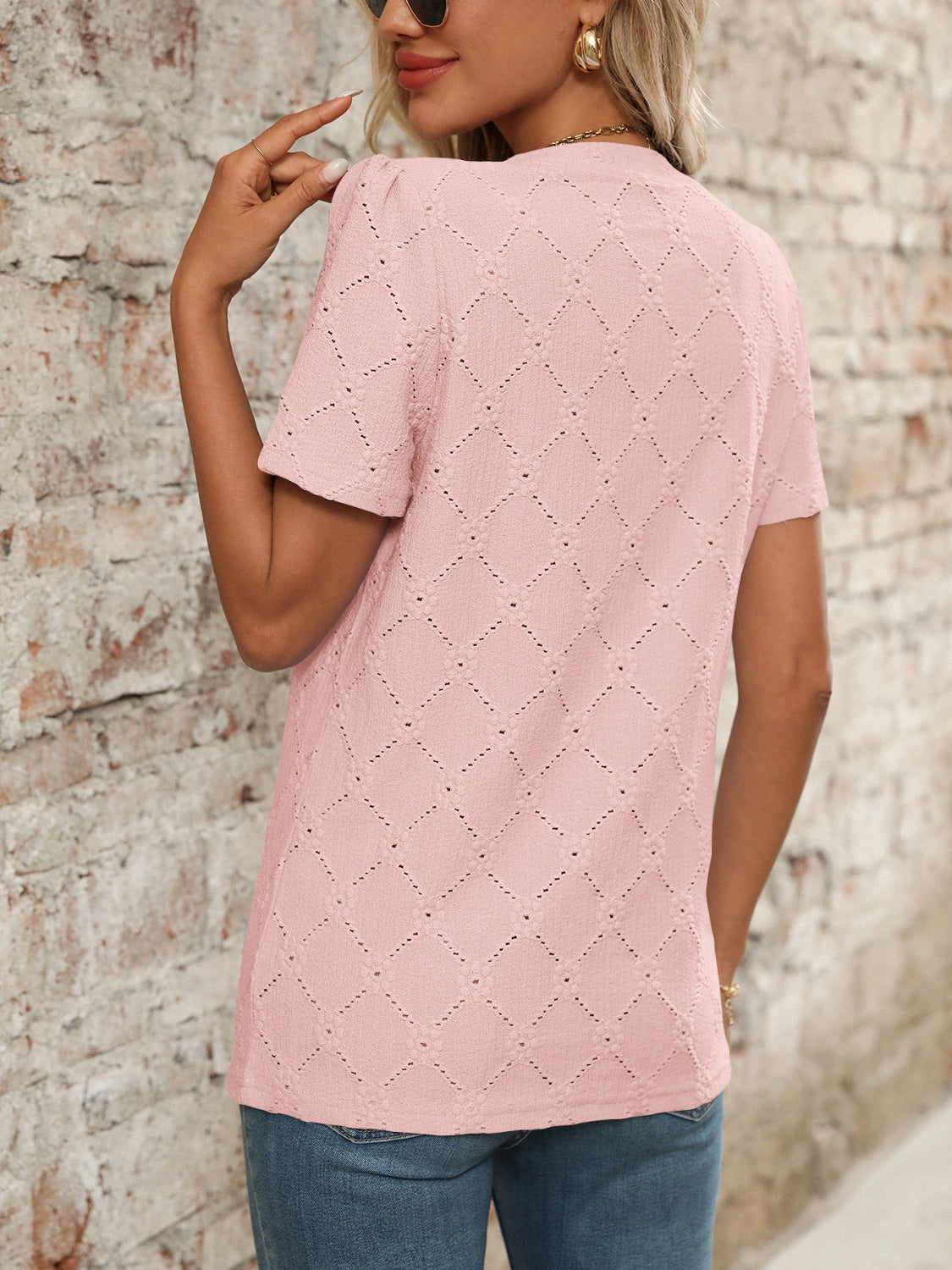 Eyelet Notched Short Sleeve Top