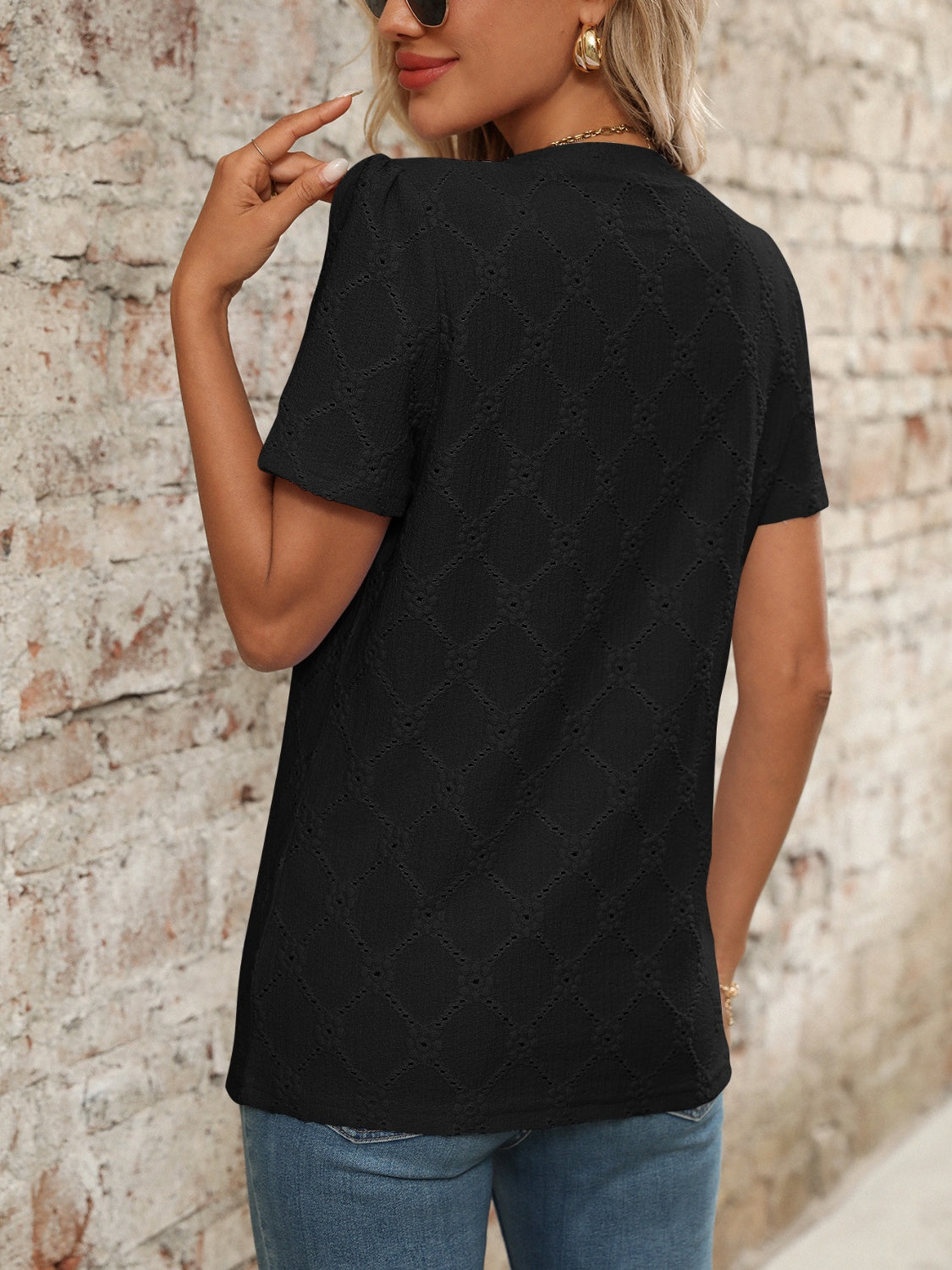 Eyelet Notched Short Sleeve Top