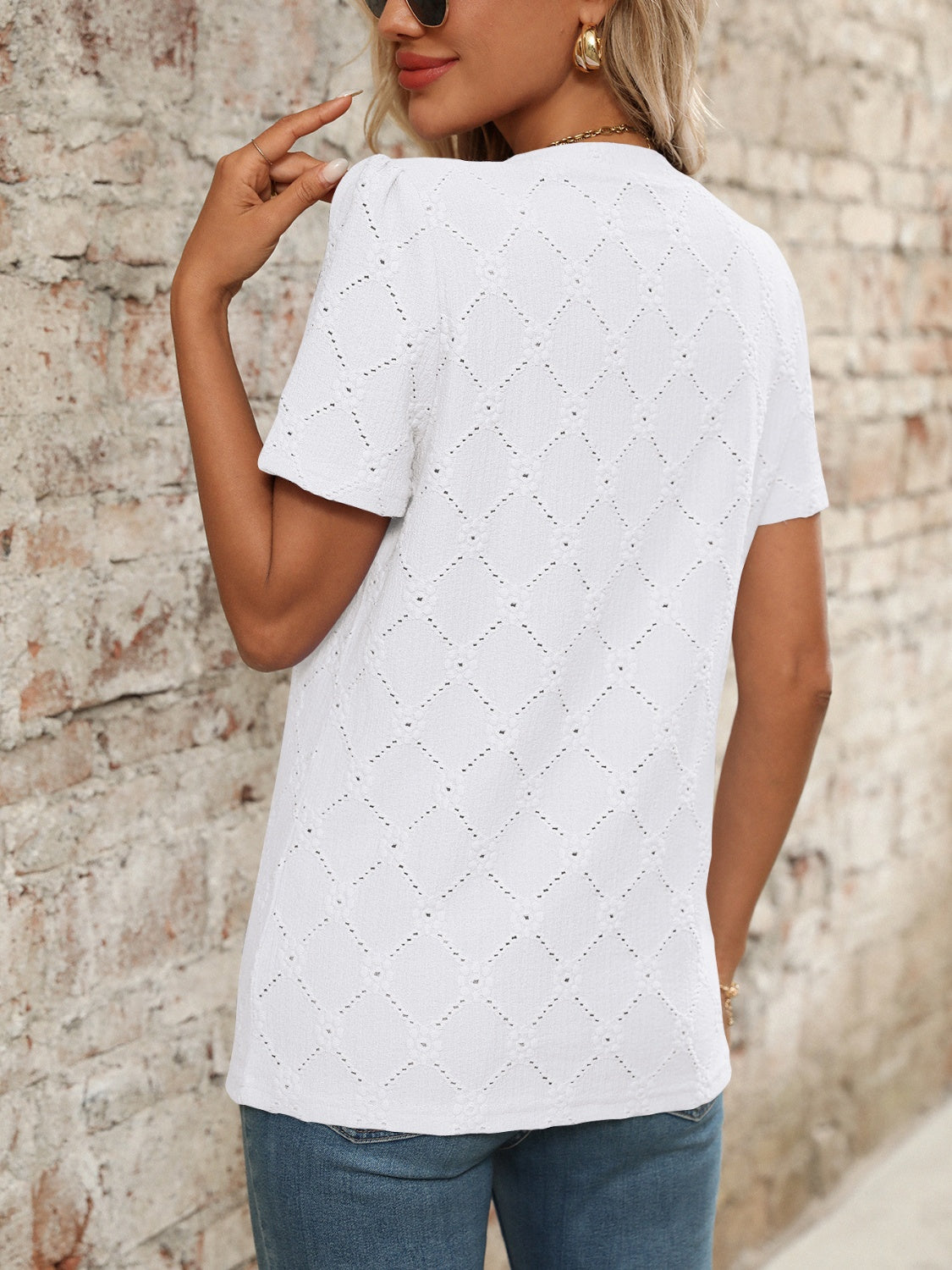 Eyelet Notched Short Sleeve Top