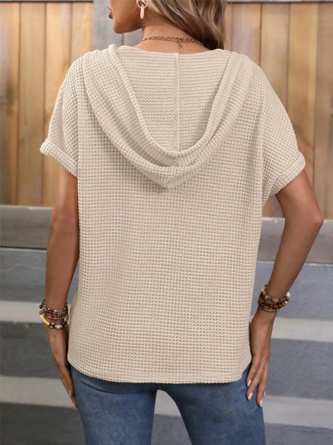 Drawstring Waffle-Knit Short Sleeve Hooded Top