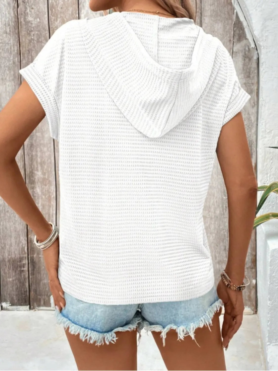 Drawstring Waffle-Knit Short Sleeve Hooded Top